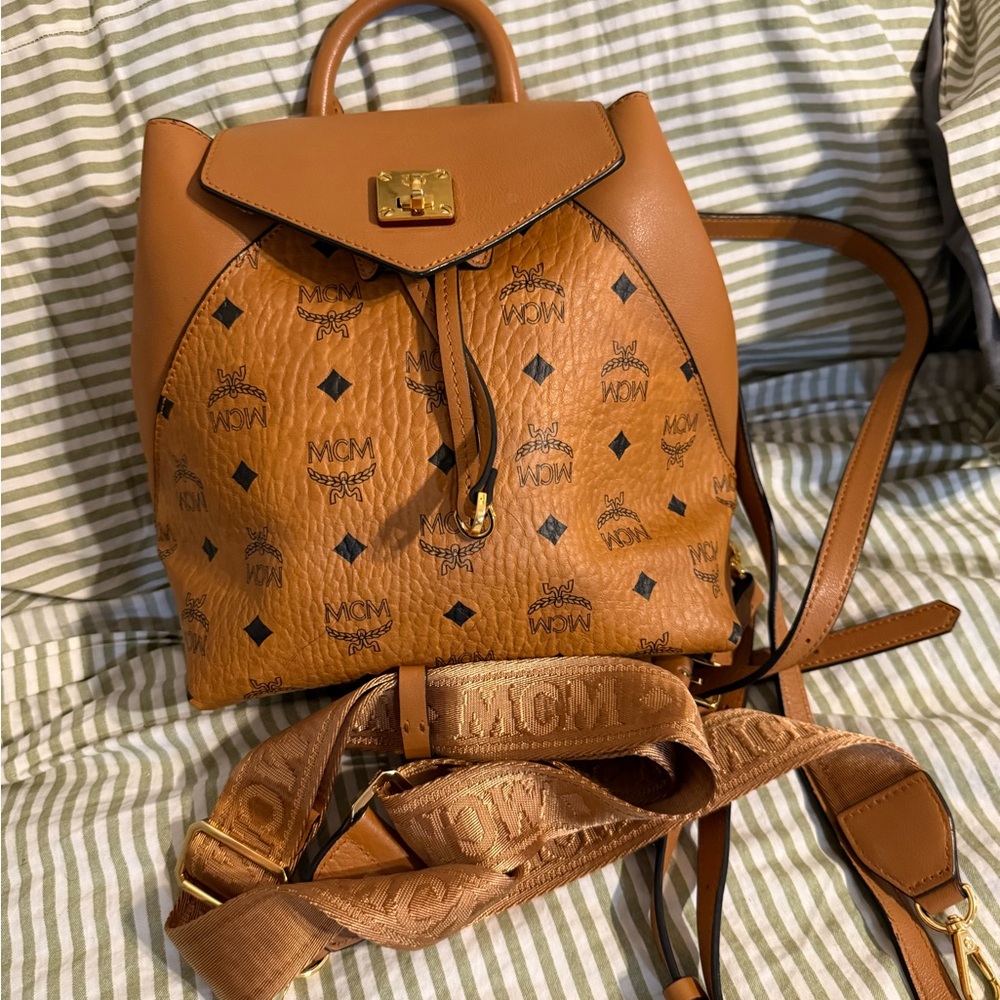 MCM Cognac Leather Backpack with Logo Print